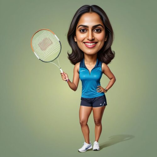 Young beautiful South Asian woman caricature playing badminton