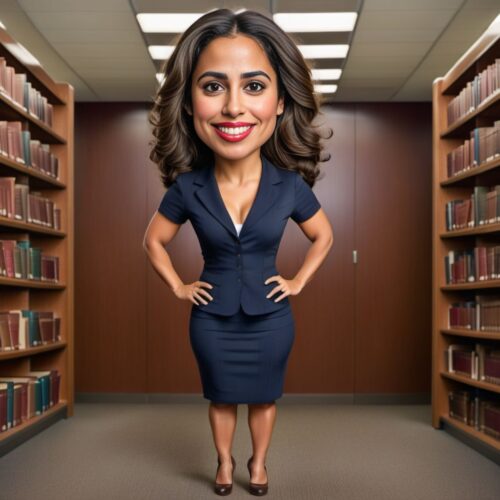 Funny Caricature of a Young Beautiful Hispanic Woman as a Librarian