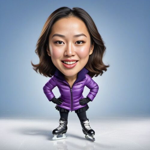 Caricature of a Young Beautiful Asian Woman Ice Skating