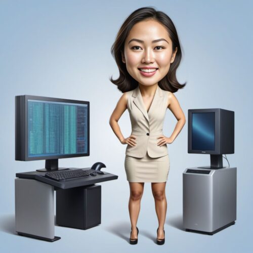 Caricature of a young beautiful Asian woman programming with giant computers