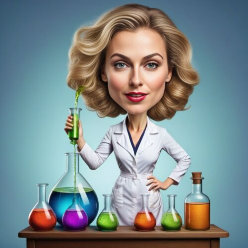 Caricature of a Young Beautiful Scientist Mixing Colorful Potions