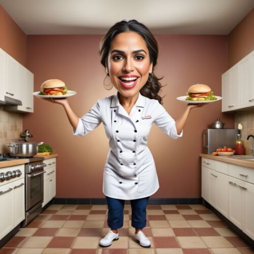 Funny Caricature of a Young Hispanic Woman Chef Juggling Food in a Kitchen
