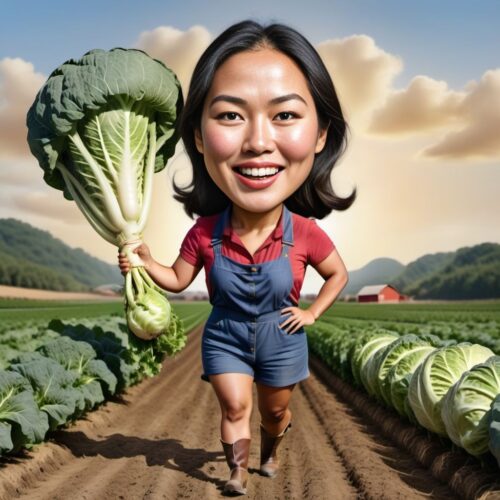 Caricature of a Young Beautiful Asian Woman as a Farmer