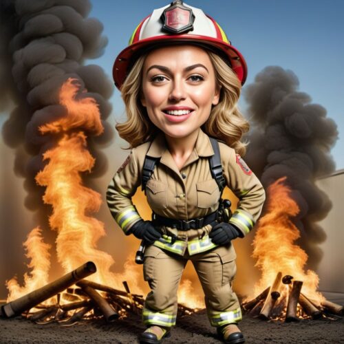 Caricature of a Young Beautiful Woman as a Firefighter