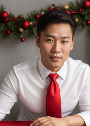 Asian Man with Crisp White Shirt and Red Tie