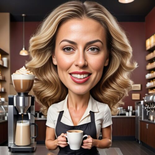 Caricature of a Young Woman Barista Making a Gigantic Cup of Coffee