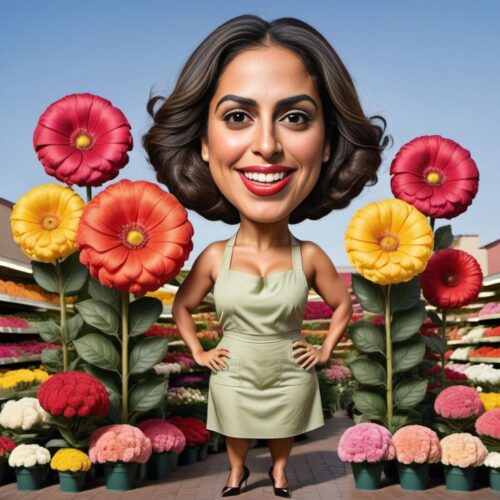 Funny Caricature of a Young Beautiful Hispanic Woman as a Florist