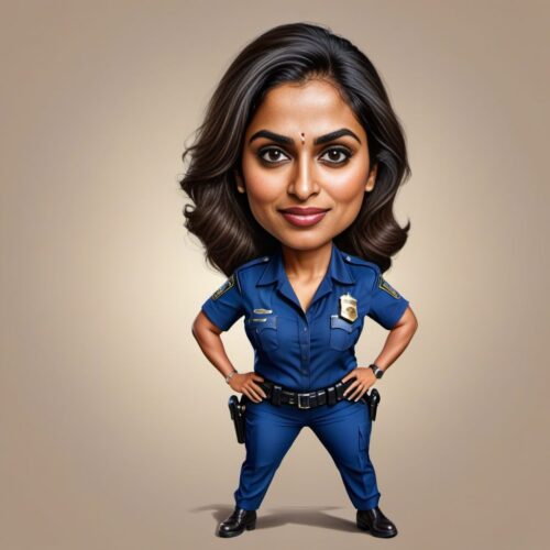 Young beautiful South Asian woman caricature as a police officer chasing a cartoon thief