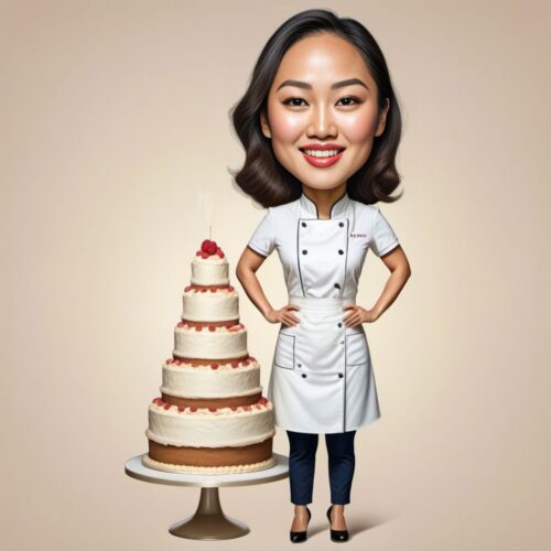 Caricature of a Young Asian Woman Baker with an Oversized Cake