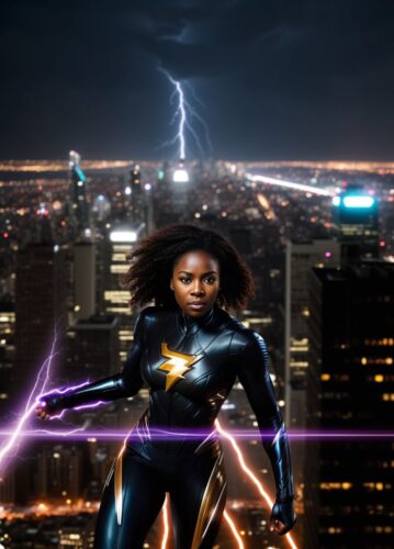 Close-up of a Black SuperHero Woman with lightning speed