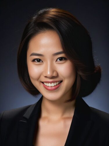 Cheerful Young Asian Woman in Black Suit
