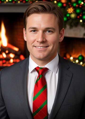 White man with a festive red and green striped tie