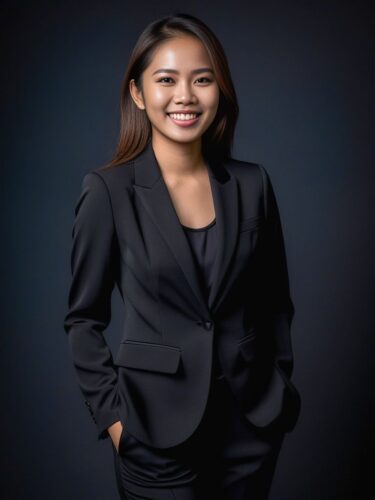 Full Body Headshot of a Happy Young Southeast Asian Woman in a Black Suit