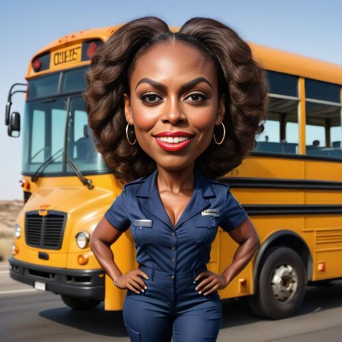 Young beautiful Black woman caricature as a bus driver