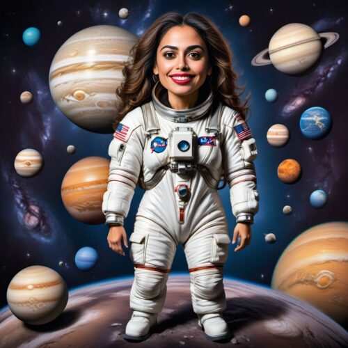 Funny Caricature of a Young Beautiful Hispanic Woman as an Astronaut Floating in Space