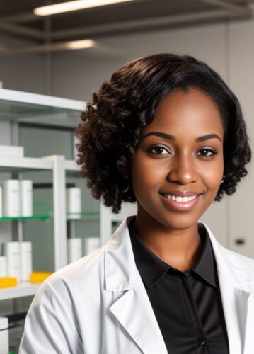 Headshot of a Young Black Woman Biotech Engineer in a Modern Lab Coat