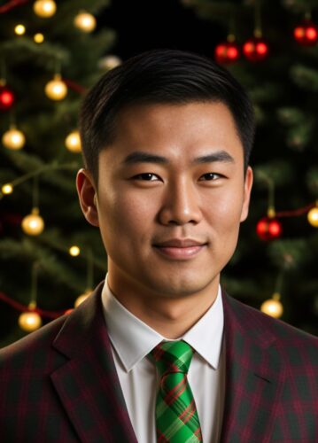 Asian Man with Red and Green Plaid Tie