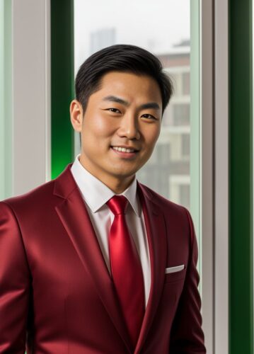 Asian Man with Green Santa-Themed Tie