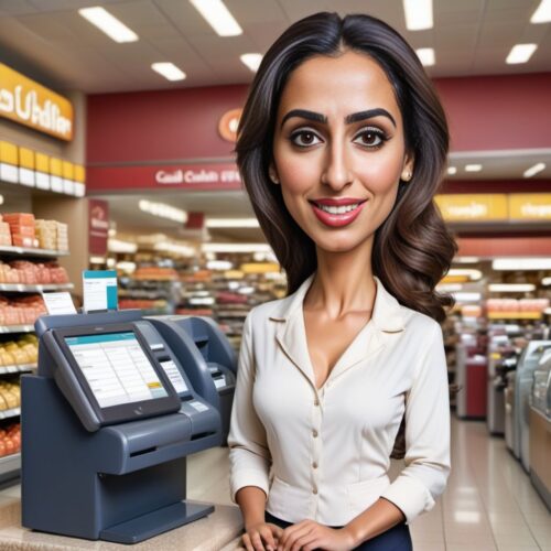 Caricature of a young beautiful Middle-Eastern woman as a cashier