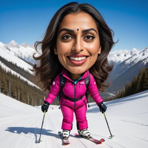 Funny Caricature of a South Asian Woman as a Ski Instructor
