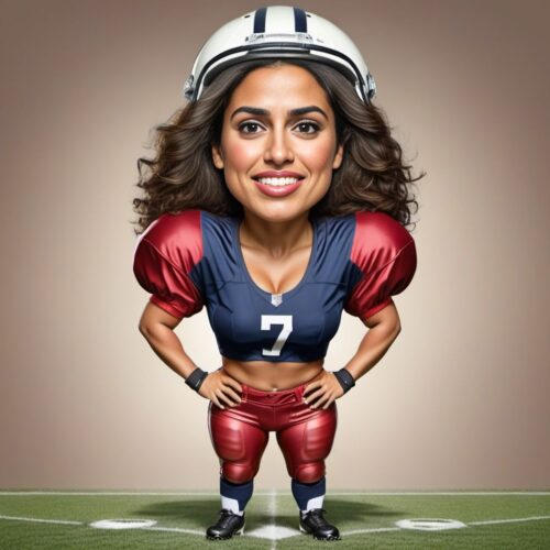 Funny Caricature of a Young Hispanic Woman as a Football Player