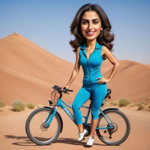 Caricature of a young beautiful Middle-Eastern woman as a cyclist