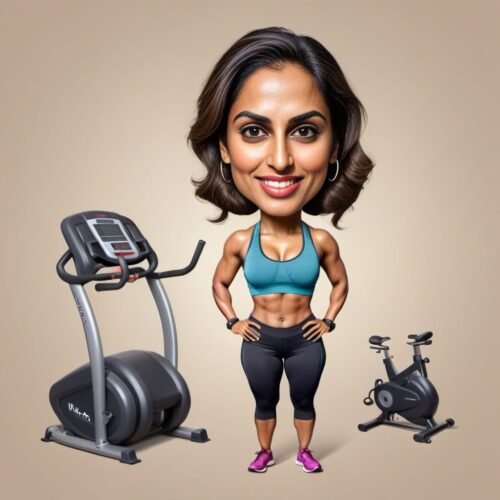 Young beautiful South Asian woman caricature as a personal trainer