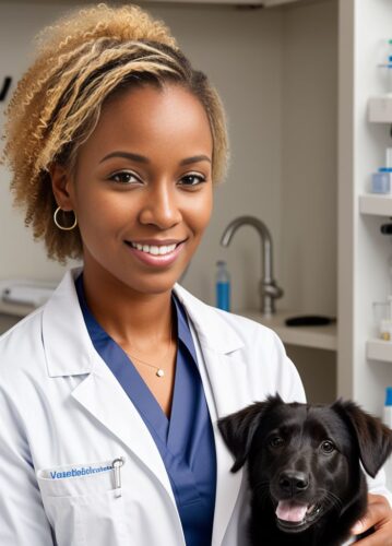 Half-body portrait of a black woman veterinarian with a pet