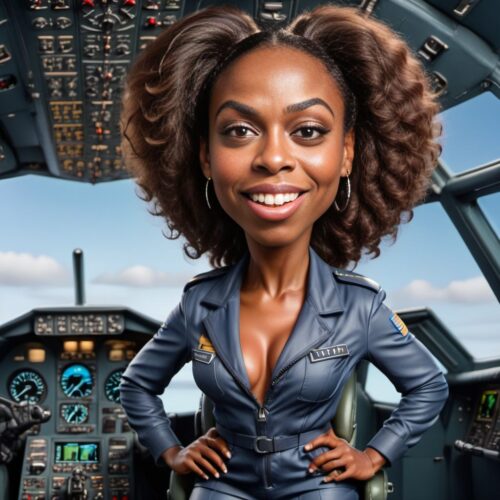 Funny Caricature of a Young Beautiful Black Woman as a Pilot