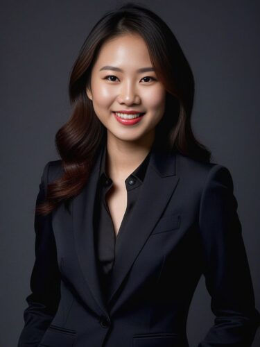 Cheerful Young East Asian Woman in Tailored Dark Suit
