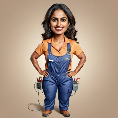 Funny Caricature of a South Asian Woman as an Electrician