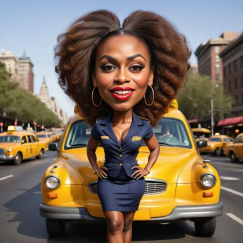 Young beautiful Black woman caricature as a cab driver