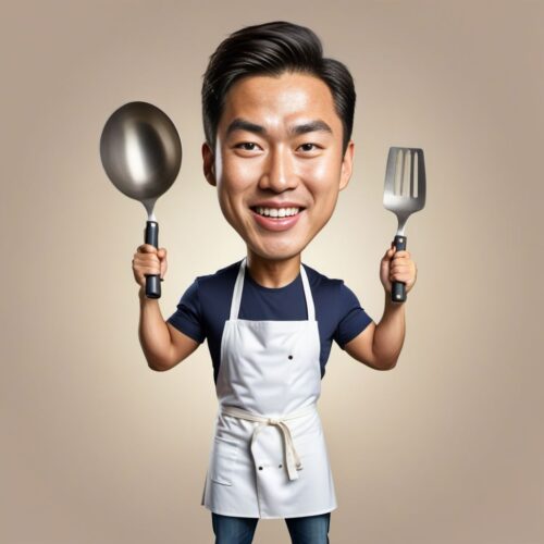 Caricature of a Young Asian Man Cooking with Oversized Utensils