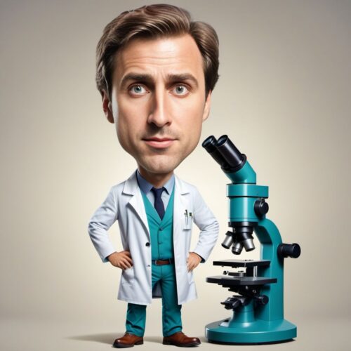 Caricature of a Young Scientist with a Giant Microscope