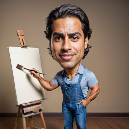 Young Hispanic Man Caricature Painting with a Brush