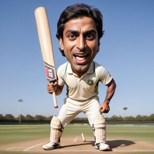 Caricature of a Young South Asian Man Playing Cricket