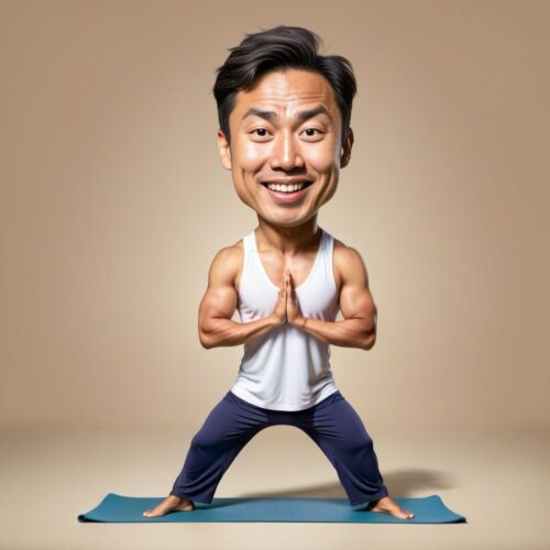 Funny Caricature of a Young Asian Man as a Yoga Instructor