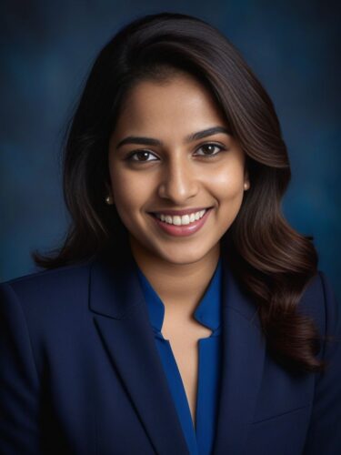 Cheerful Young South Asian Woman in Navy Suit