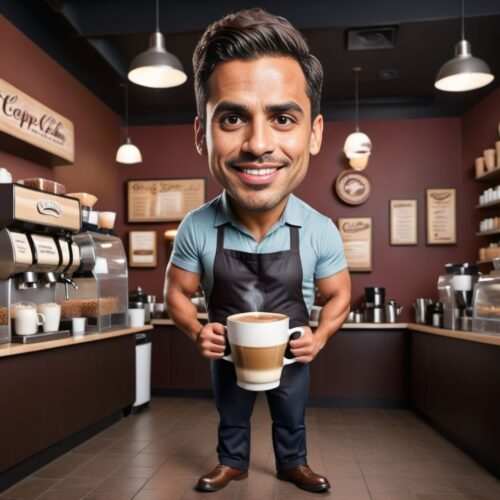 Full Body Caricature of a Young Hispanic Barista Making a Gigantic Cup of Coffee