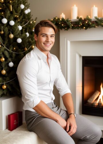 Young Man Posing Next to Fireplace