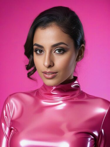 Cute and Sexy Middle Eastern Woman in Pink Latex Suit