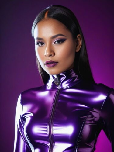 Half Portrait of a Young Indigenous Woman in a Glossy Purple Latex Suit