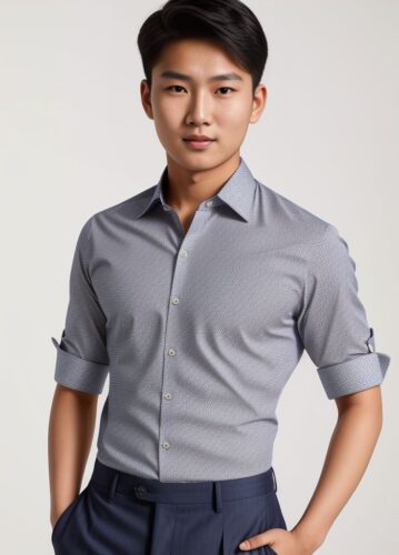 Asian Young Man in Patterned Dress Shirt