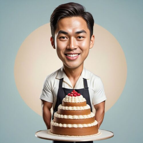 Young Asian Man Caricature as Baker with Oversized Cake