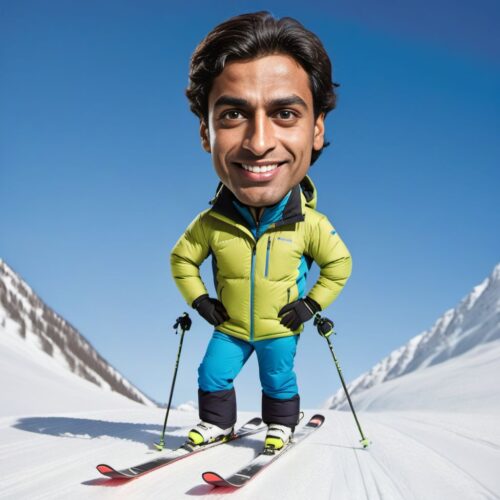 Young South Asian Ski Instructor Caricature