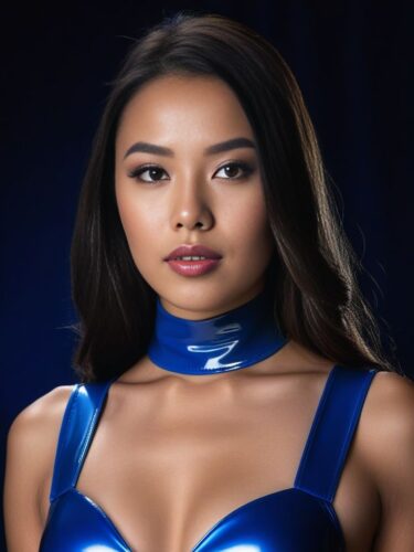 Half Portrait of a Young Eurasian Woman in a Deep Blue Latex Suit