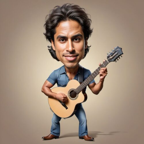 Caricature of a Young Hispanic Musician Playing a Gigantic Guitar