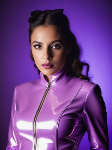 Half portrait of a young Mediterranean woman in a lavender latex suit