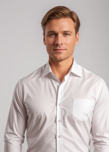 White Sales Leader in Beige Dress Shirt