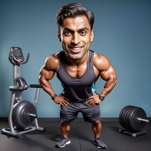 Full Body Caricature of a Young South Asian Personal Trainer